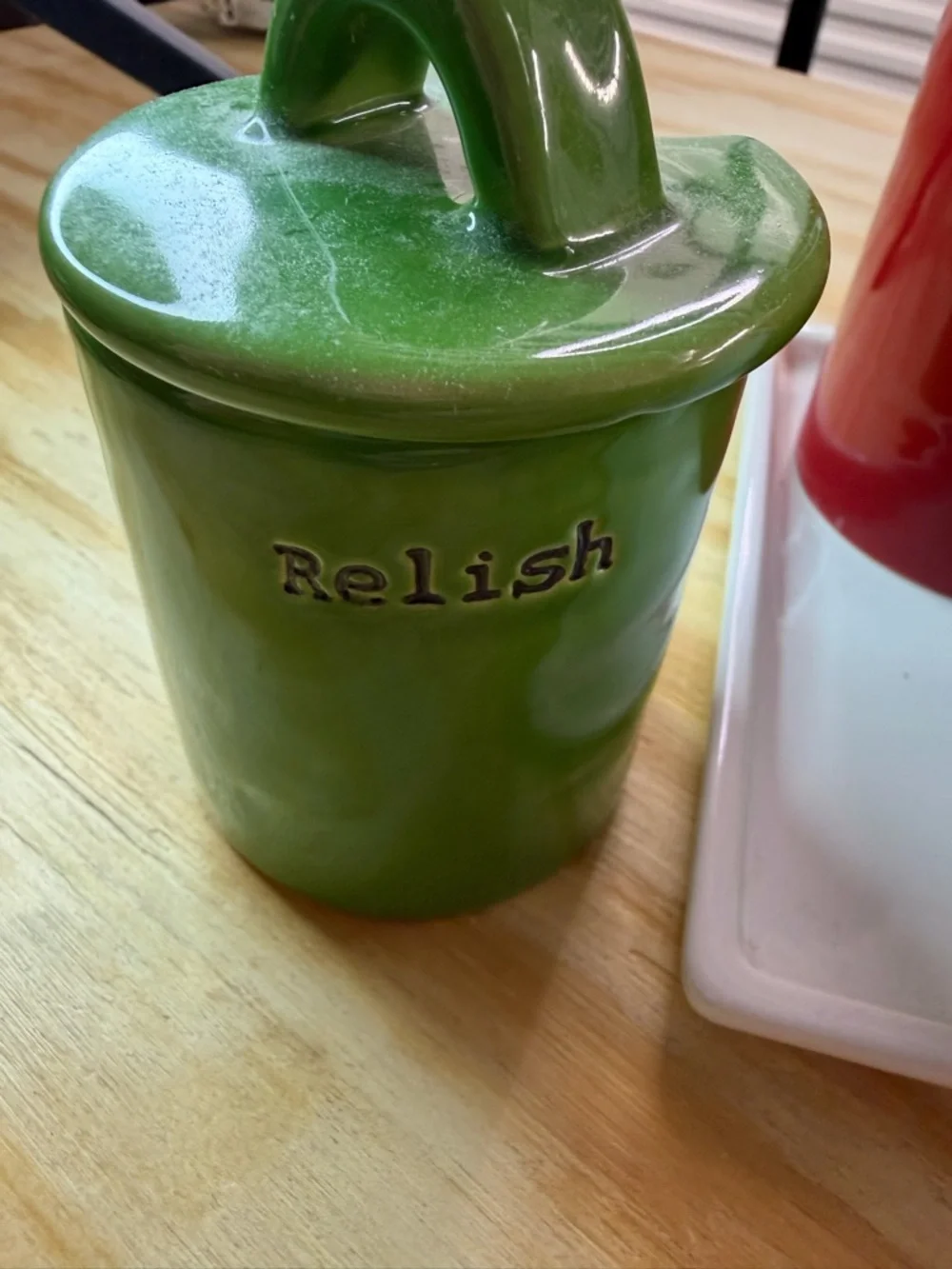 Pottery Barn Ceramic Condiment Set‎ in Red, Yellow, Green, and White